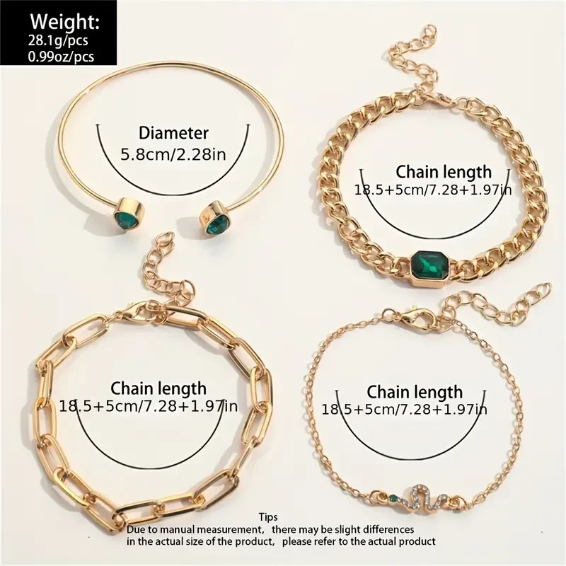 Vintage Style 4pcs Link Chain Bracelet Set with Green Rhinestones