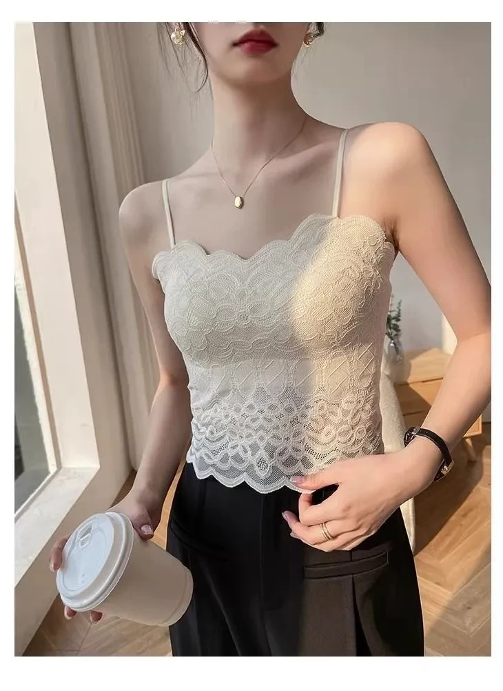 With Chest Pad Sexy Lace Beautiful Back Sling Spaghetti Strap Wavy Lace Lace Vest