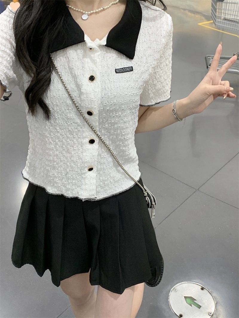 New Contrast Color Short Sleeve Shirt For Women