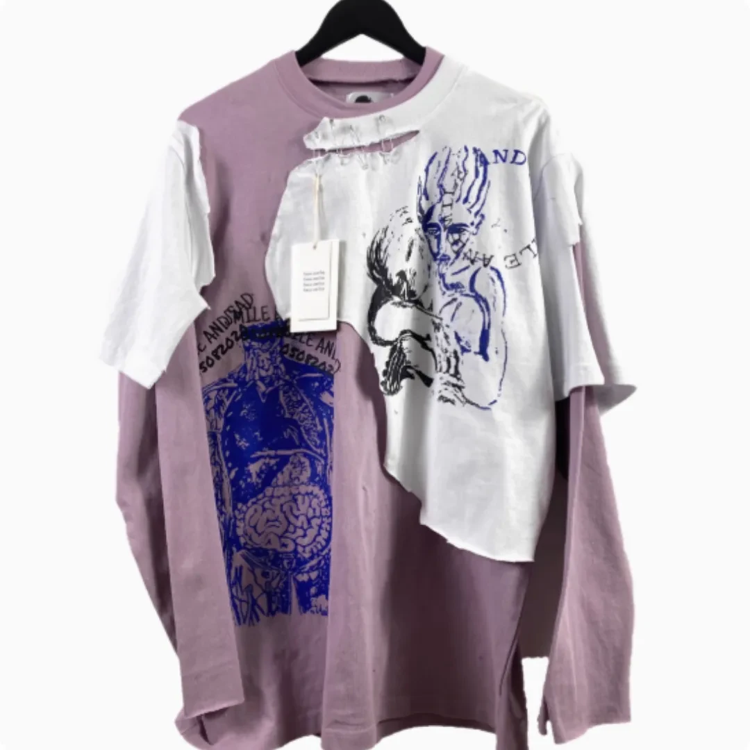 Artistic Print With Two Pieces Of Distressed Long Sleeves