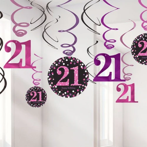 Sparkling Pink 21st Birthday Hanging Swirls - Pack of 12