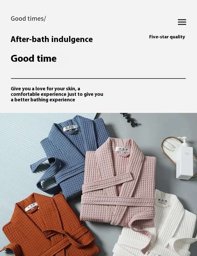 Pure Cotton Bathrobe Long Waffle All Cotton Nightgown