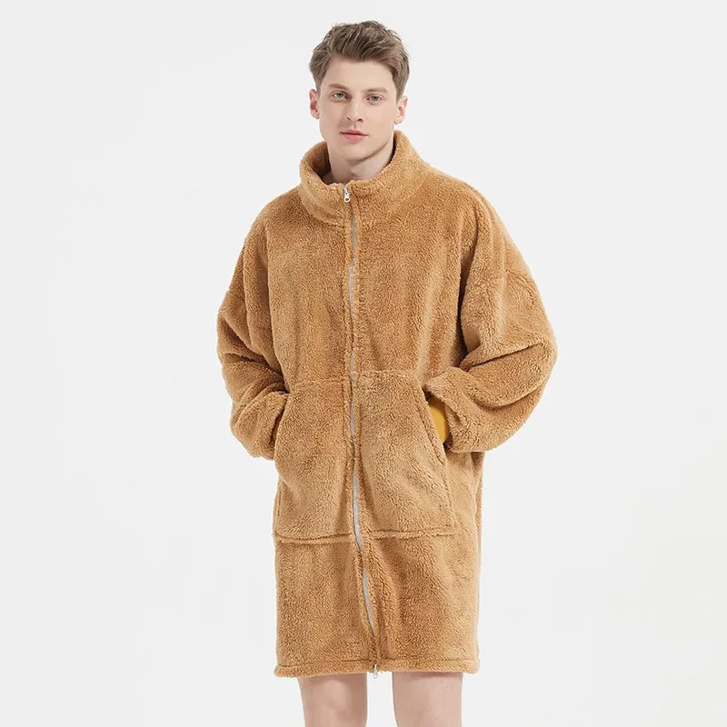 Men's Camel Fleece Zipper Cardigan Nightgown