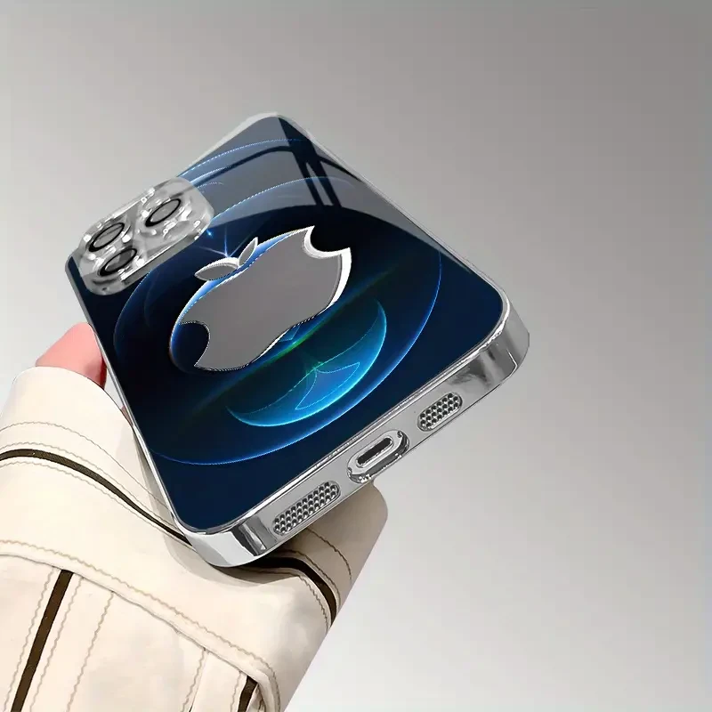 Tech-Inspired Blue Gradient Metal Dual-Cut Apple Print Pattern Electroplated TPU Phone Case