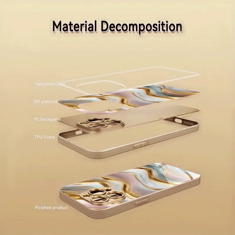 Scratch-Resistant Metal Paint Tempered Glass Case | Simple Design Golden Protective Cover