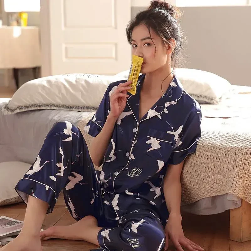 Silk Couple Pajamas Men And Women Long-Sleeved Summer Ice Silk Thin Casual