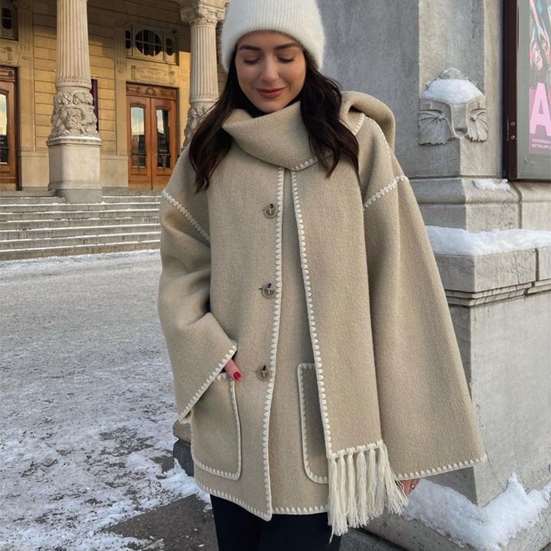 Warm and Stylish Women's Woolen Coat with Tassel Scarf