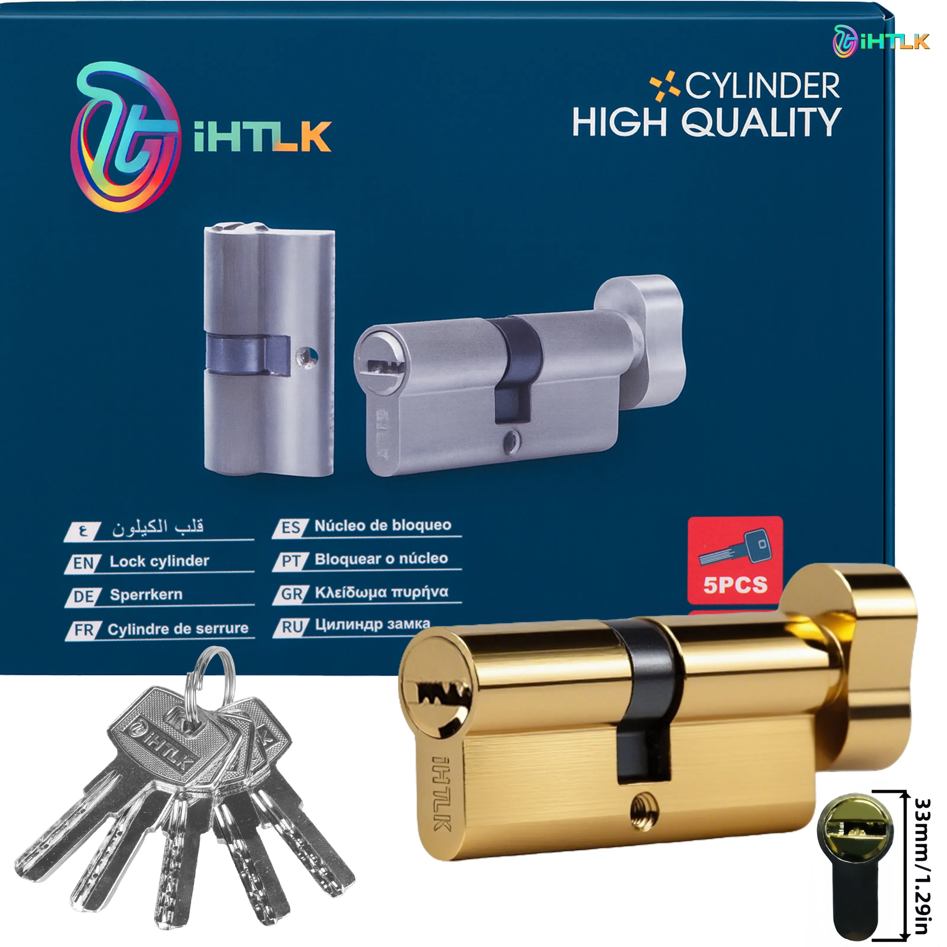 1 Piece Of European Standard Size, 70mm Length Knob Lock Cylinder, Lock Cylinder With 5 Keys, Suitable For Anti-Theft Doors, Office Doors, Stainless Steel Doors, Indoor Doors