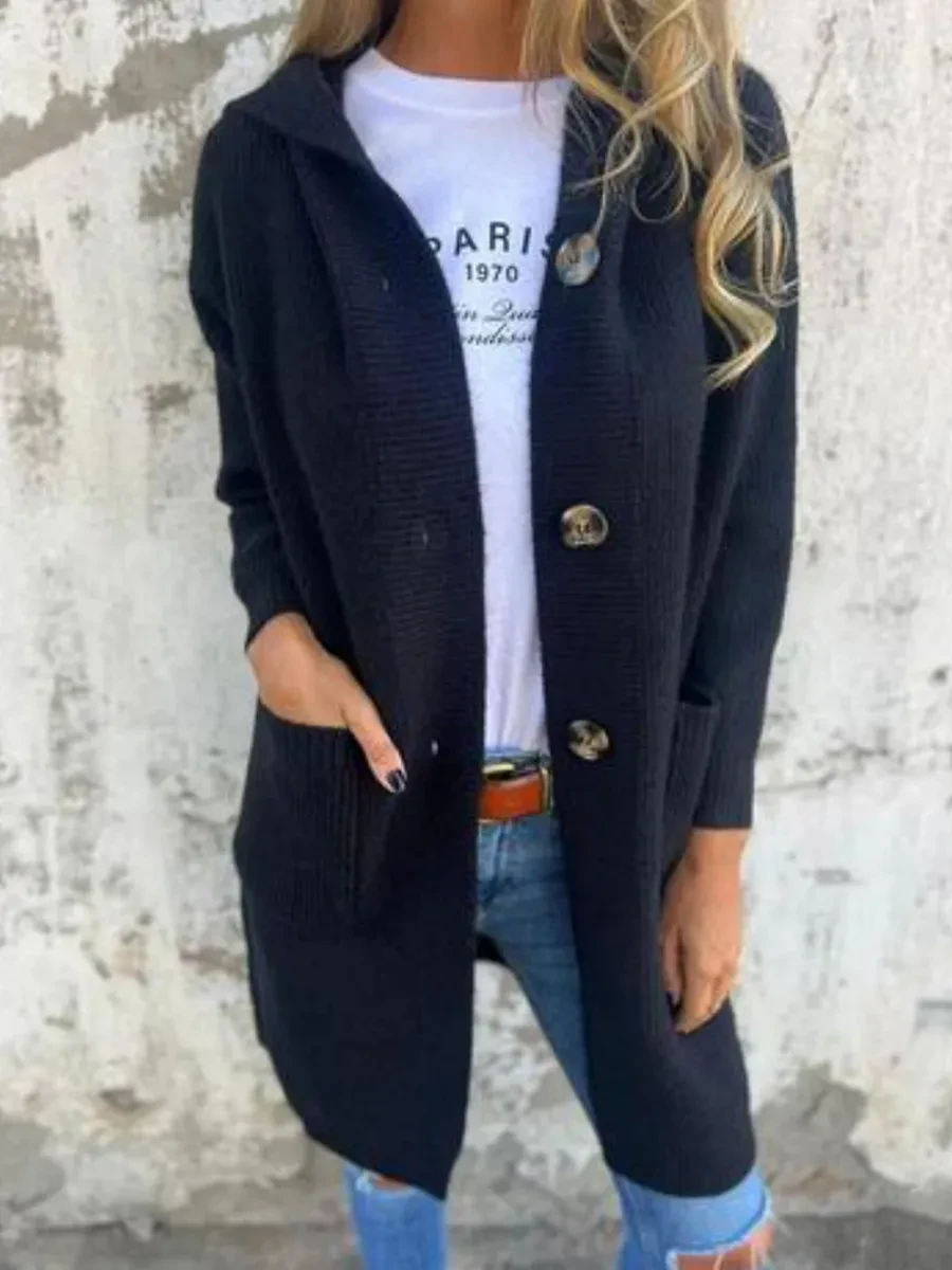 Women's Hooded Knitted Coat With Pockets