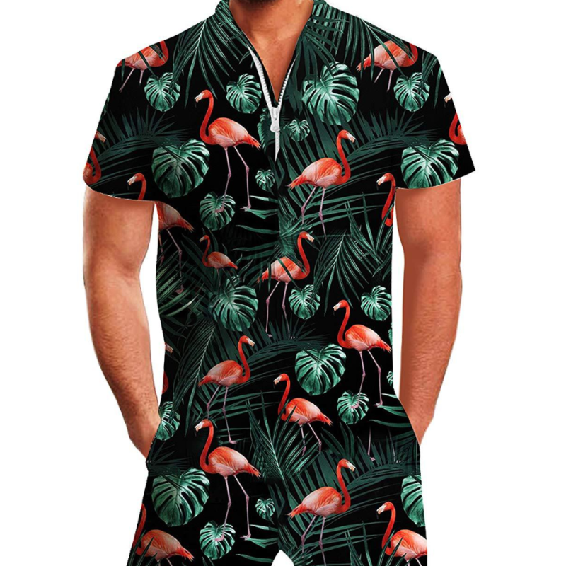 Summer short-sleeve jumpsuit Hawaiian Black Flamingo
