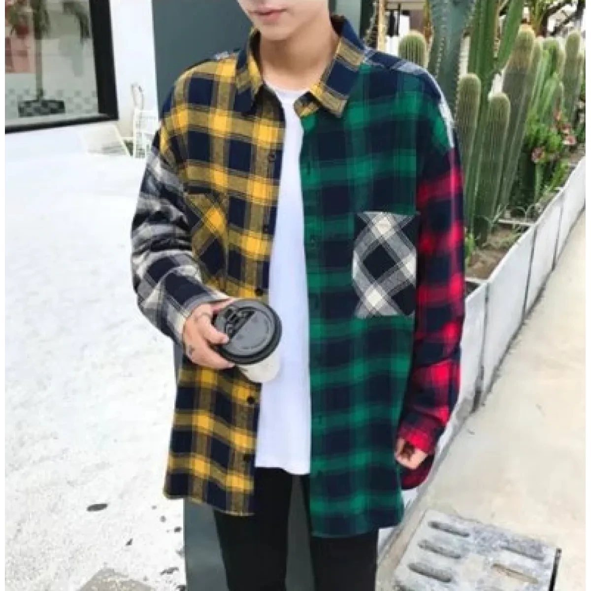Original national tide mixed colors loose irregular long casual shirt hip-hop male and female lovers shirt
