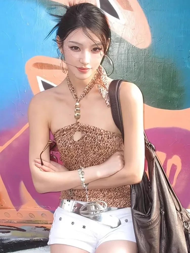 Halter Graceful Vest Leopard-print Slim-fit Off-the-shoulder Lace-up Top