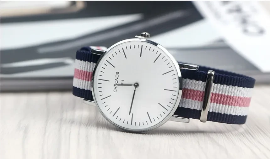CHRONOS Watch Nylon Knitted Watchband Two Needle Cloth Button Couple Watch