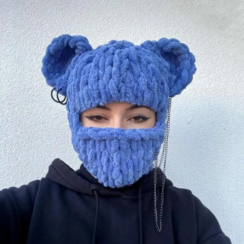 Bear Ears Crochet Balaclava Women Handmade Chain Circle Knitted Hat Party Chenille Mask